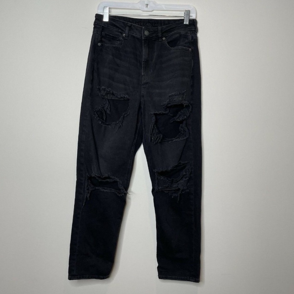 American Eagle Black Distressed Mom Jeans Busted Size 8